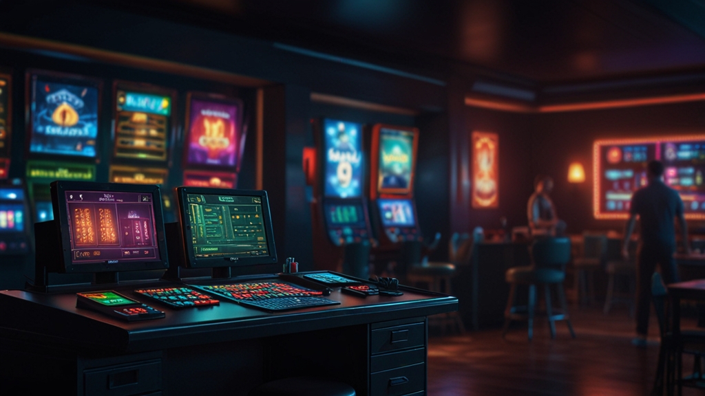 Spieler prüft den Auszahlungsstatus an einem leuchtenden Casino-Terminal.