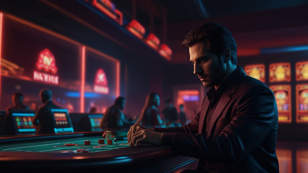 Dunkle Casino-Szene mit aktivem Konto und zweitem Profil im Hintergrund