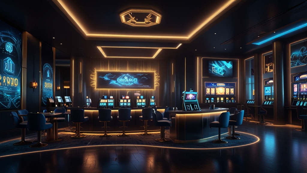 Casino-Terminal mit leuchtenden Symbolen für Bank, Wallet und Karte.